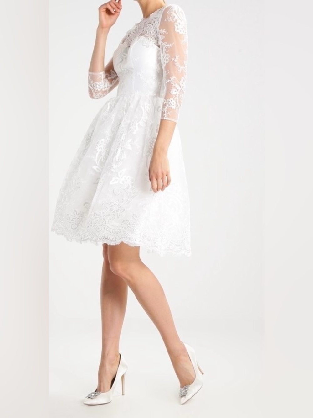 Bridal Sweetheart Neckline Woven Floral Embroidery Tea-Length Wedding Midi Dress - Picture 2 of 16